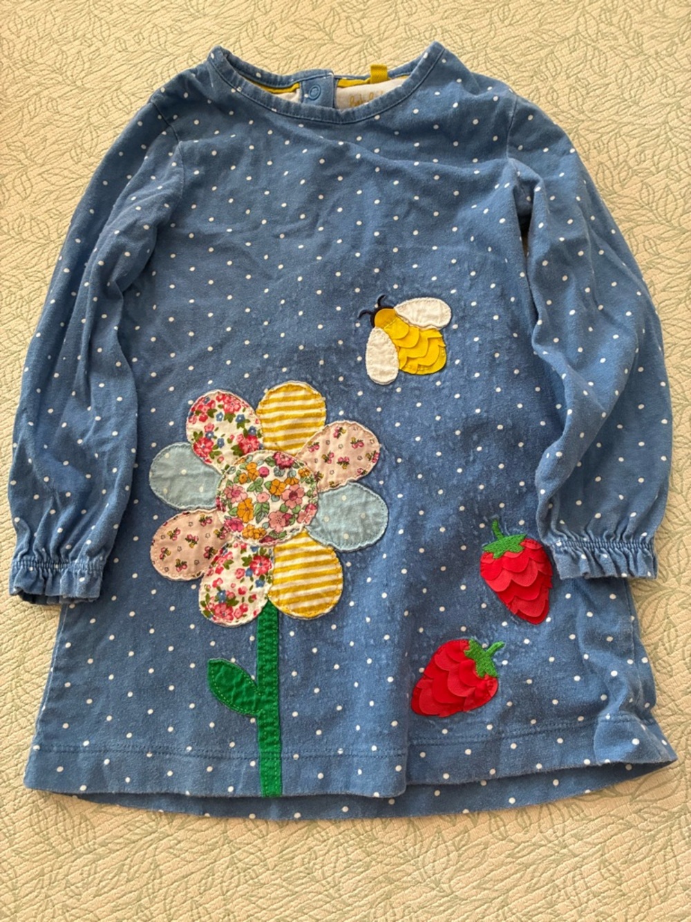 Baby Boden Blue Polka Dot Appliqué Flower & Fruit Dress